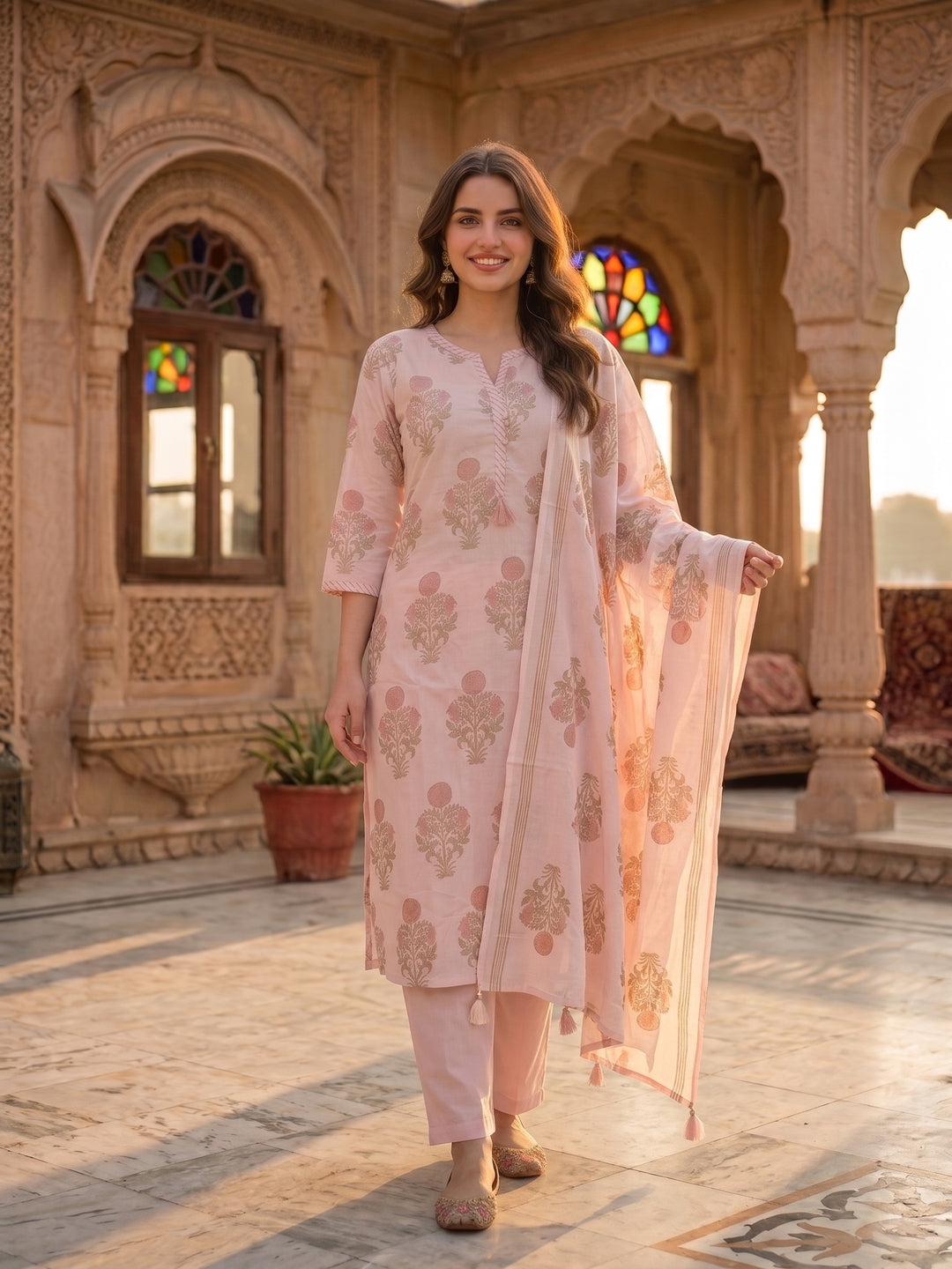 Pastel Pink Mughal Boota Print Cotton Kurta Set with Palazzo & Dupatta