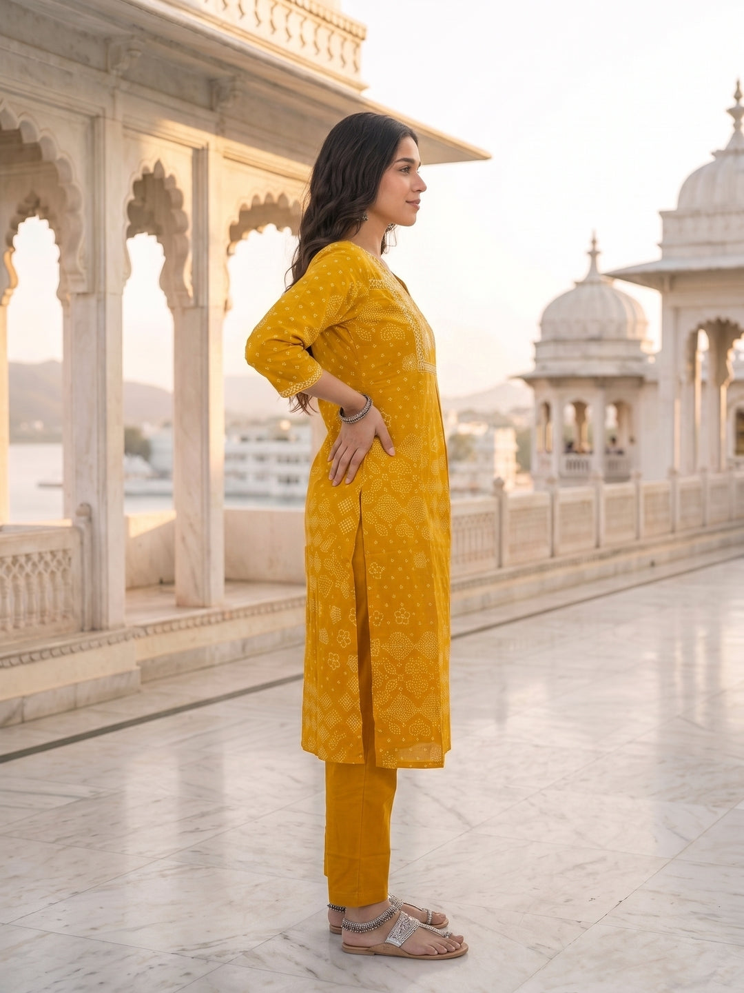 Mustard Cotton Bandhani Print Embroidered Kurta Set with Pyjamas & Dupatta