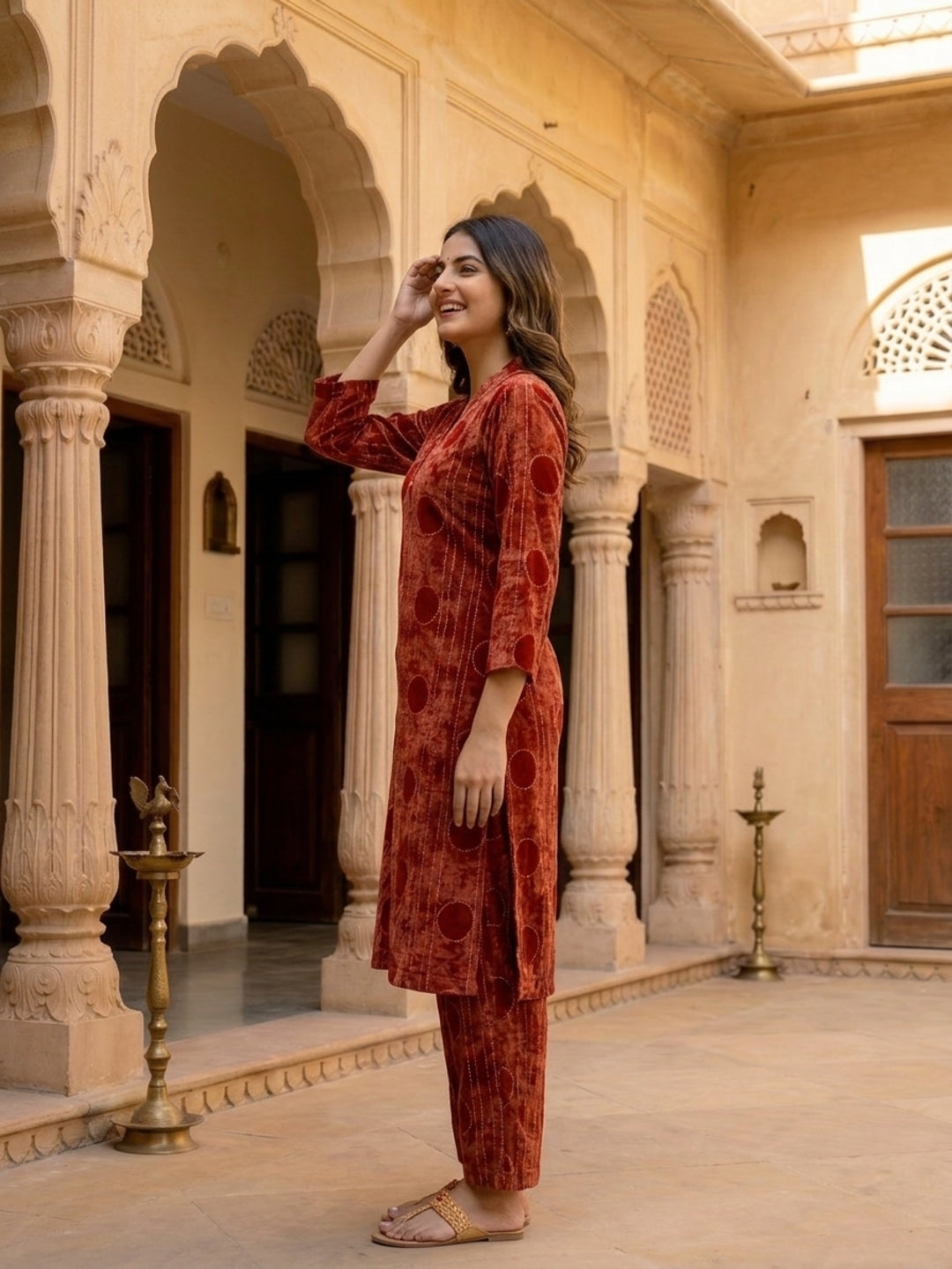 Maroon Geometric Print Cotton Flex Straight Kurta & Palazzo Co-ord Set