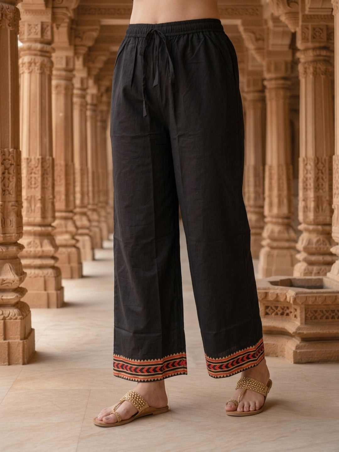 Black Solid Mirror Embroidered Cotton A-Line Kurta Set with Pant and Printed Dupatta