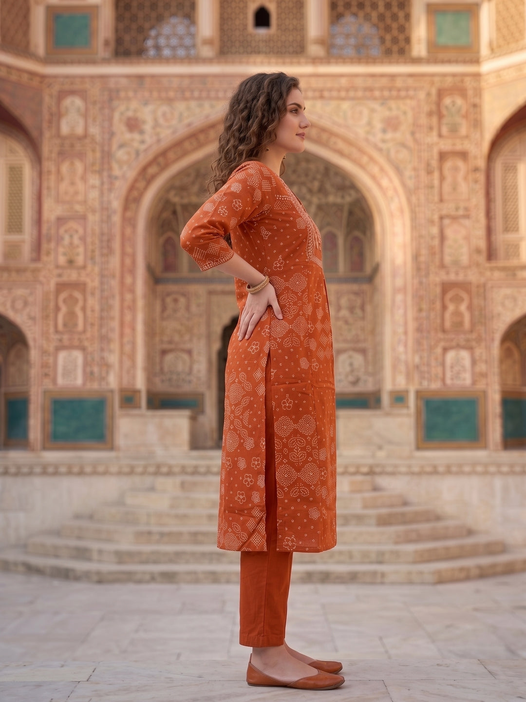 Rust Bandhani Print Cotton Straight Kurta Set with Embroidered Yoke & Pyjama and Dupatta