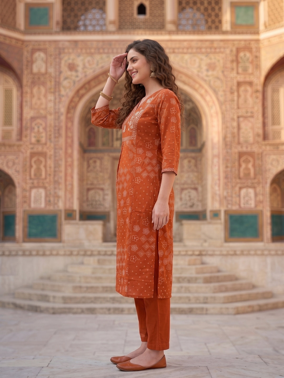 Rust Bandhani Print Cotton Straight Kurta Set with Embroidered Yoke & Pyjama and Dupatta