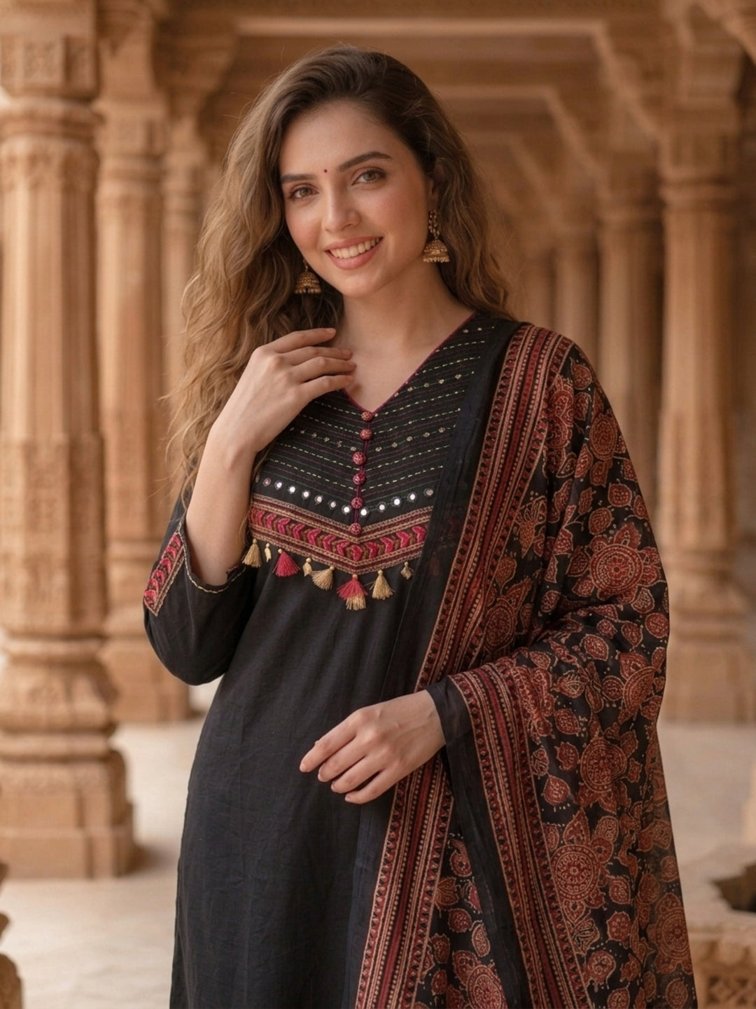 Black Solid Mirror Embroidered Cotton A-Line Kurta Set with Pant and Printed Dupatta
