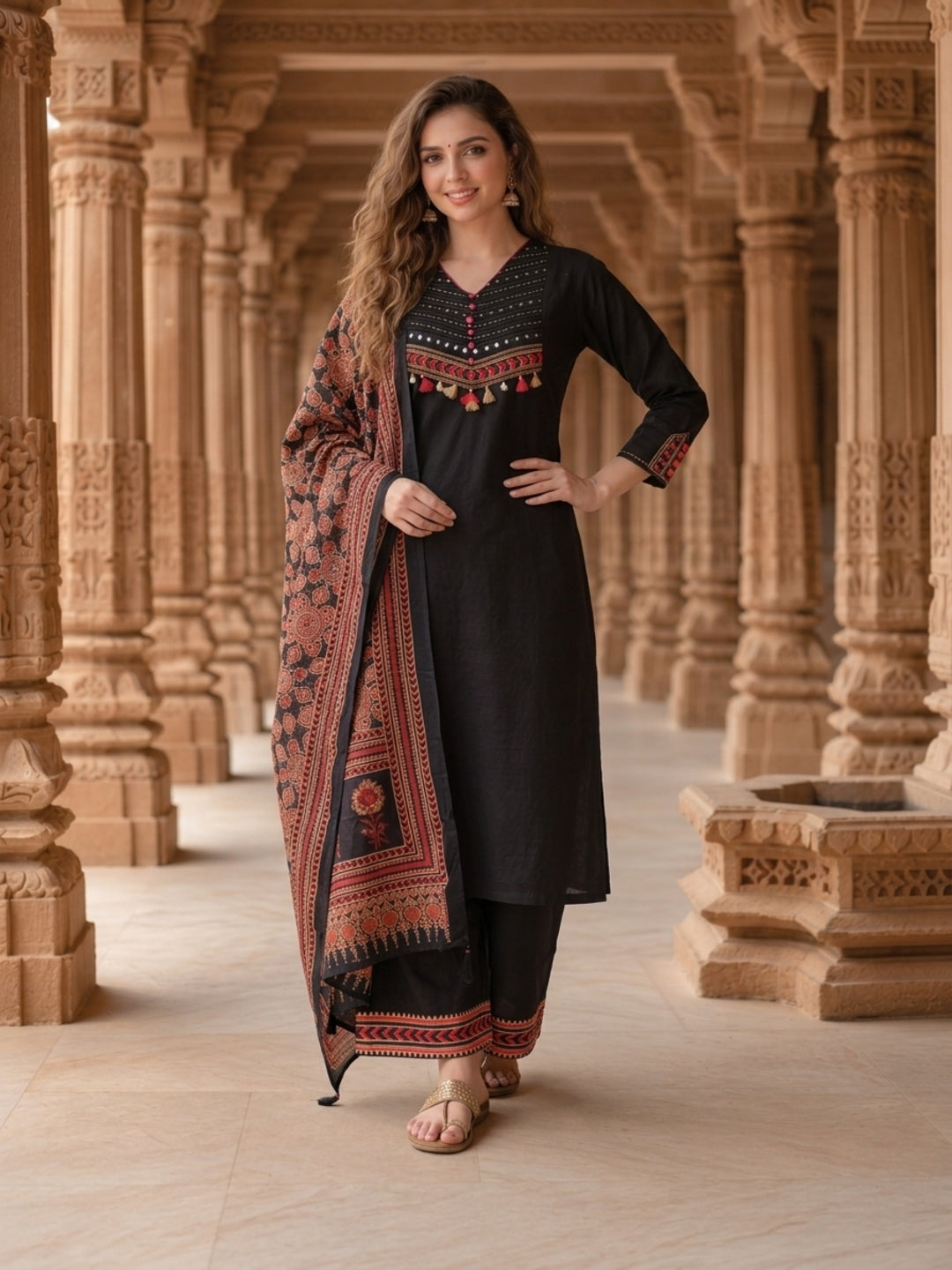 Black Solid Mirror Embroidered Cotton A-Line Kurta Set with Pant and Printed Dupatta