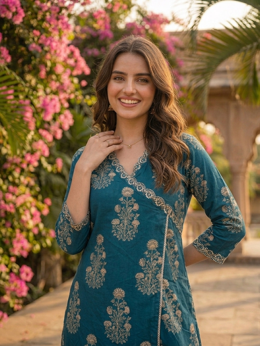 Teal Ethnic Print Cotton Angrakha Kurta Set with Mirror Work & Embroidery, Pant & Dupatta