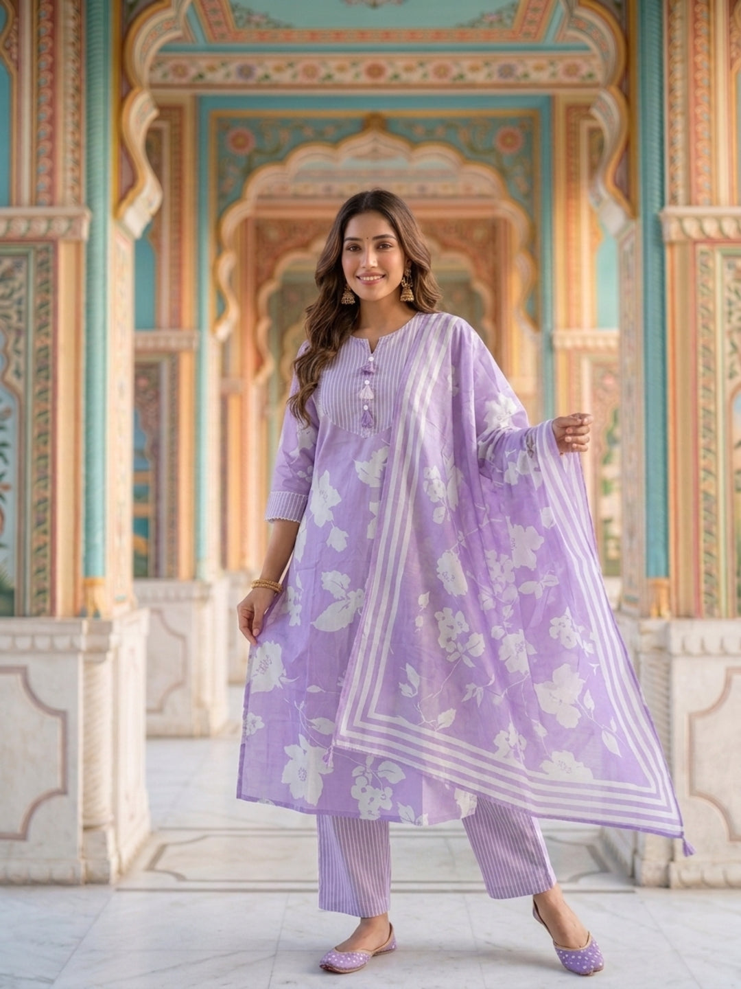 Lavender Floral Print Cotton 3-Piece Kurta Set