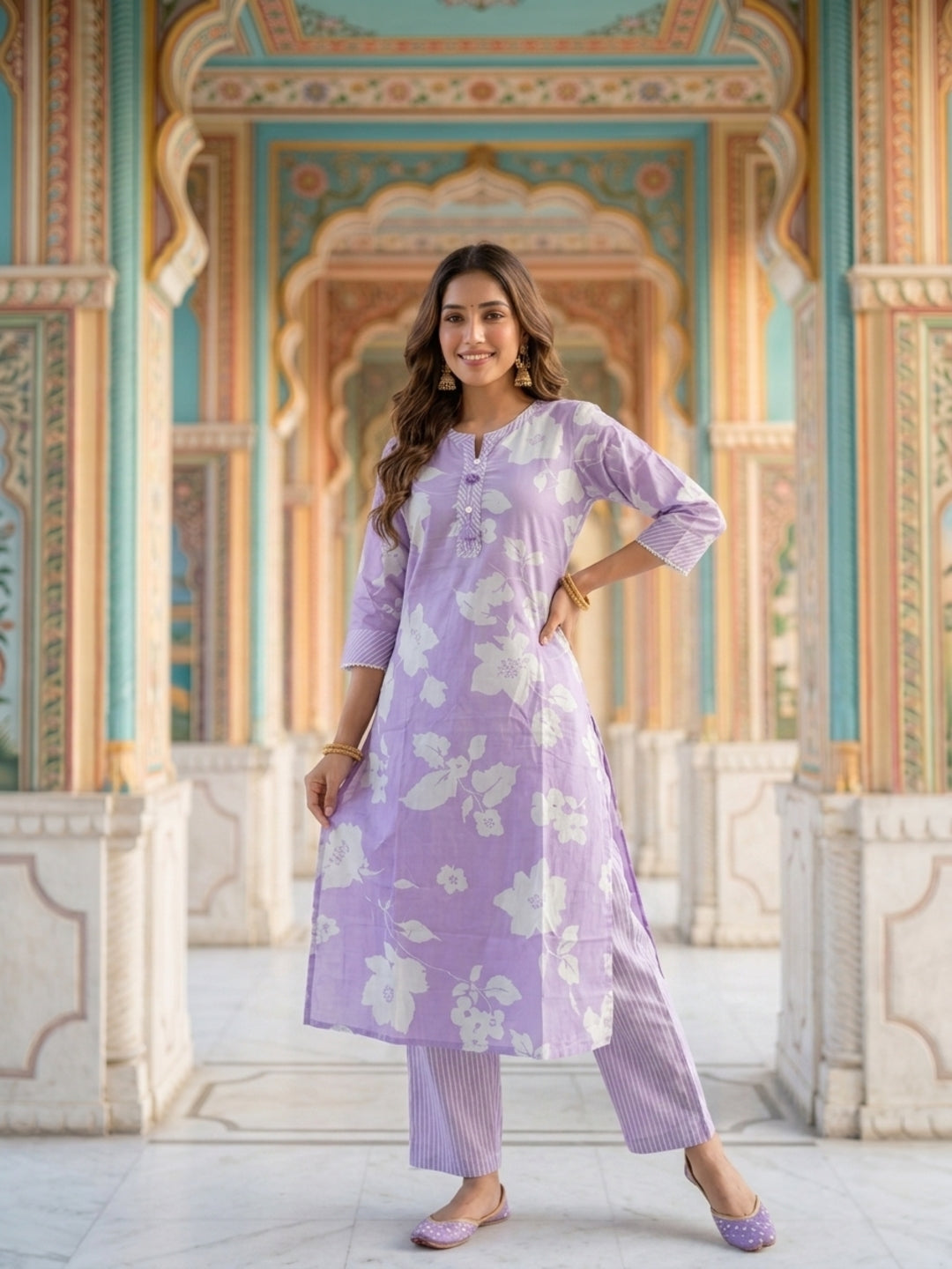Lavender Floral Print Cotton 3-Piece Kurta Set