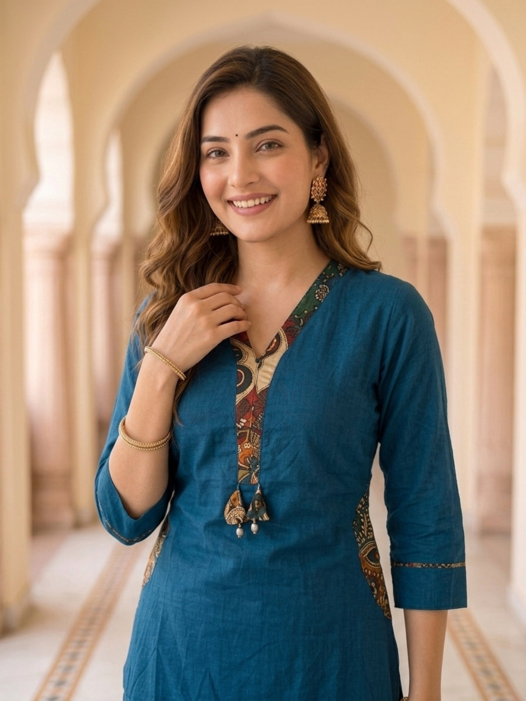 Navy Blue Solid Cotton Straight Kurta Set with Printed Patches, Pant & Dupatta