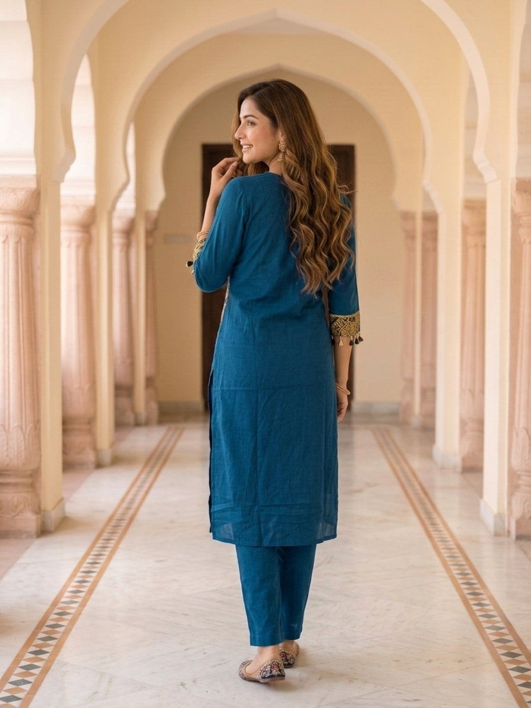 Navy Blue Solid Cotton Straight Kurta Set with Printed Patches, Pant & Dupatta
