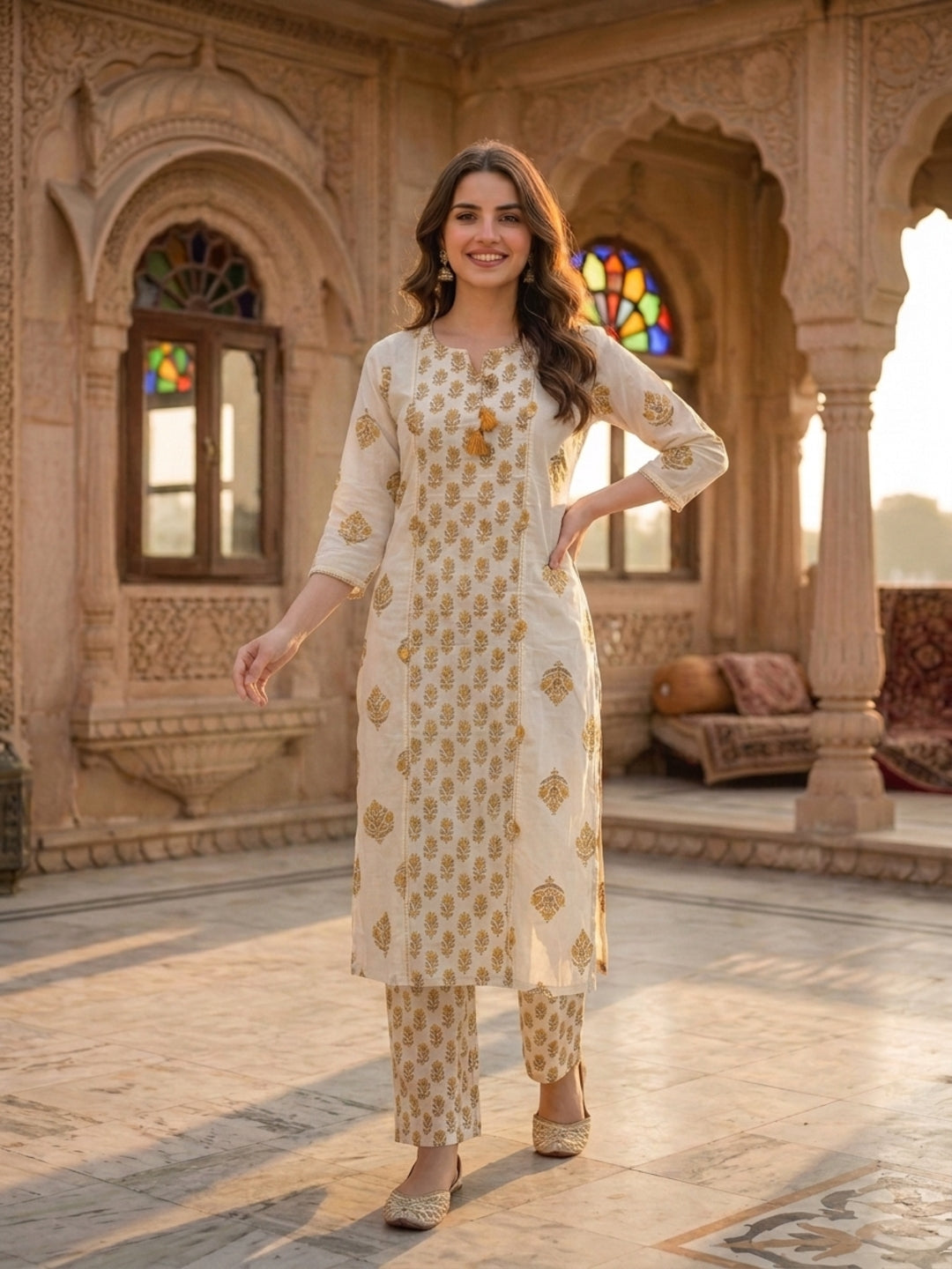 Cream & Mustard Ethnic Print Cotton Straight Kurta Set with Palazzo & Dupatta