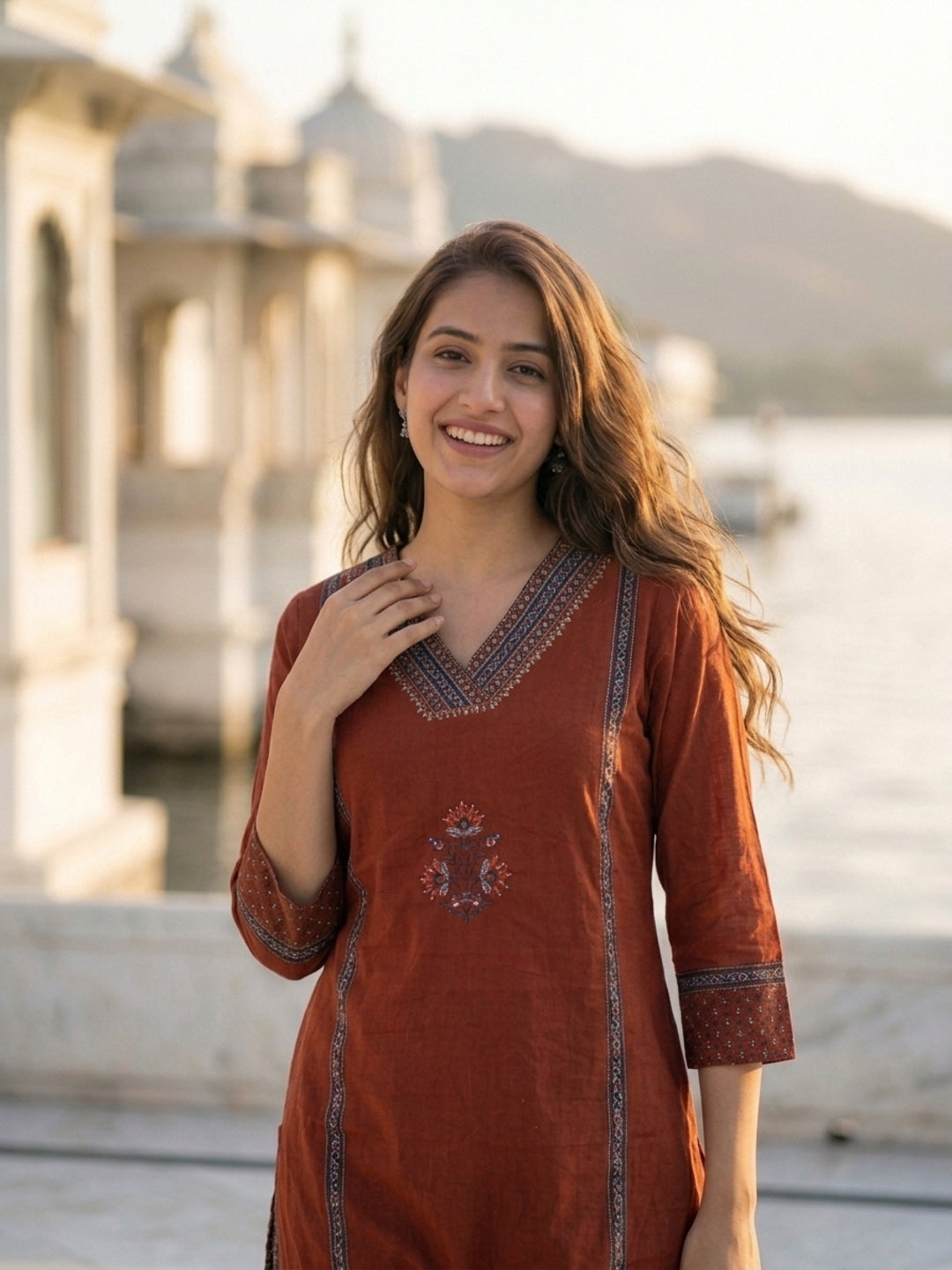 Maroon Solid Cotton Straight Kurta Set with Zari & Ari Embroidery, Palazzo & Dupatta