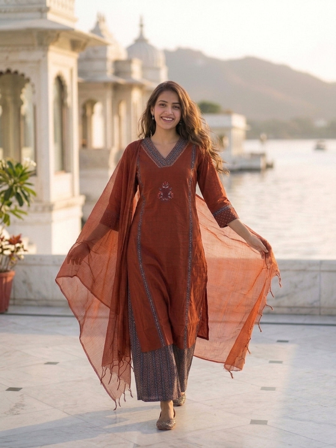 Maroon Solid Cotton Straight Kurta Set with Zari & Ari Embroidery, Palazzo & Dupatta