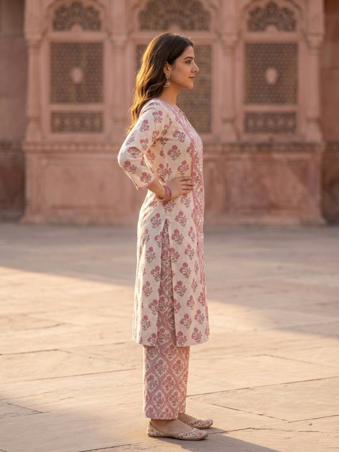 Pink Ethnic Print Cotton Straight Kurta Set with Kantha & Sequin Detail, Palazzo & Dupatta