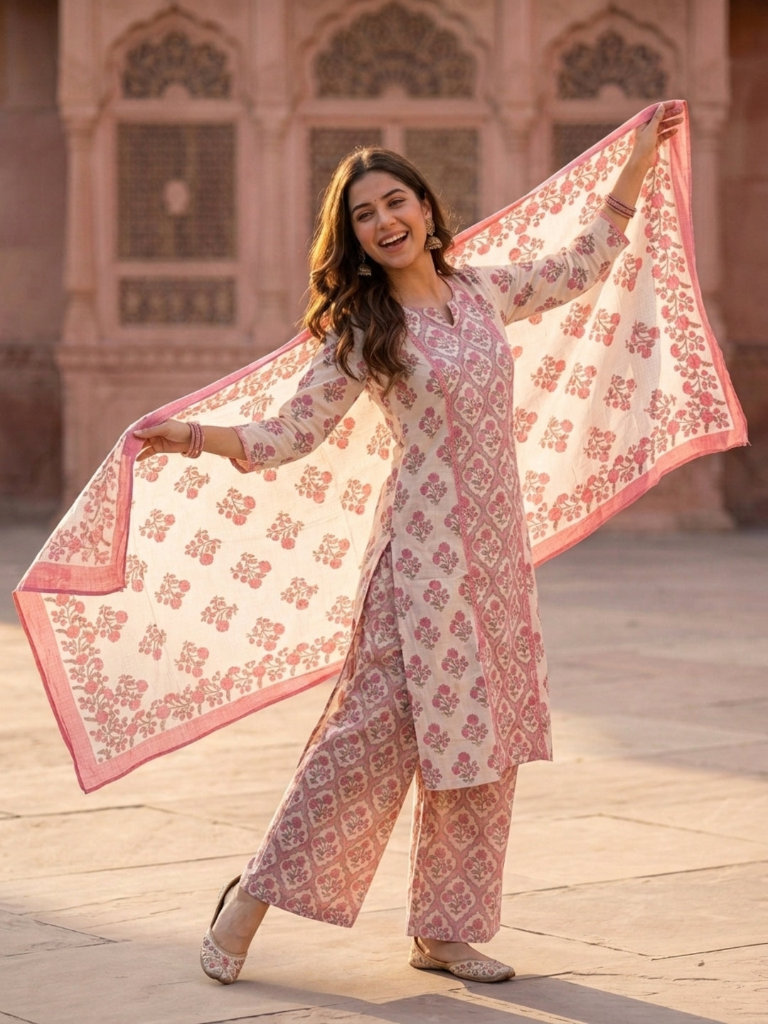 Pink Ethnic Print Cotton Straight Kurta Set with Kantha & Sequin Detail, Palazzo & Dupatta