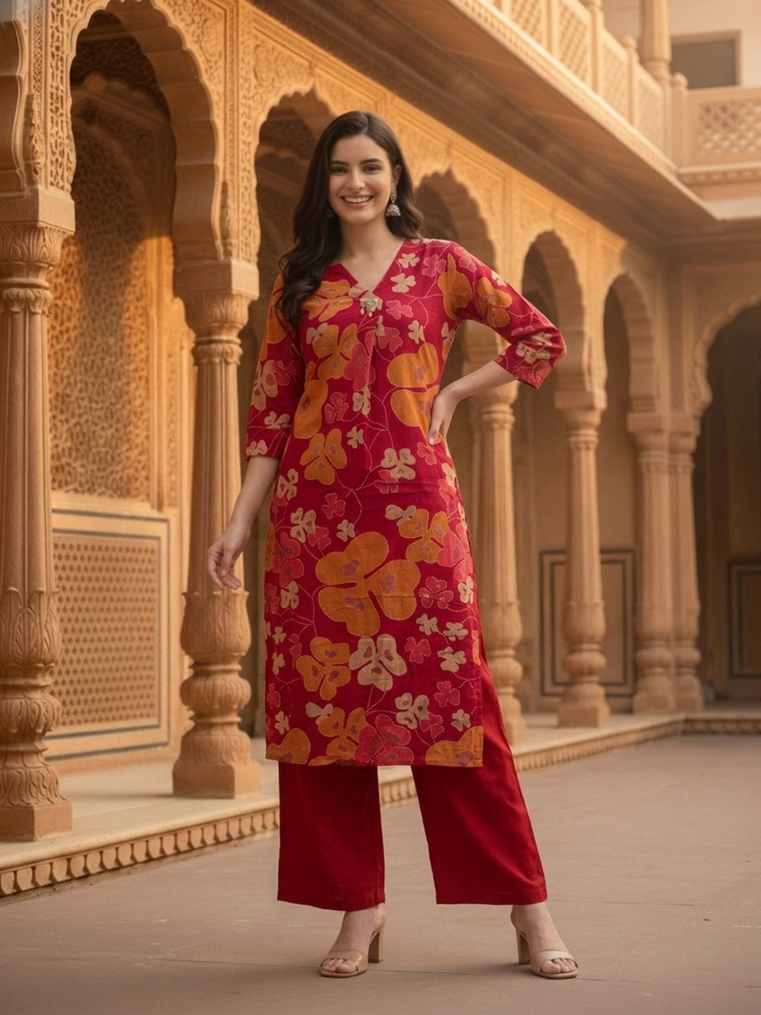 Abstract Floral Printed A-Line Co-ord Set - Maroon