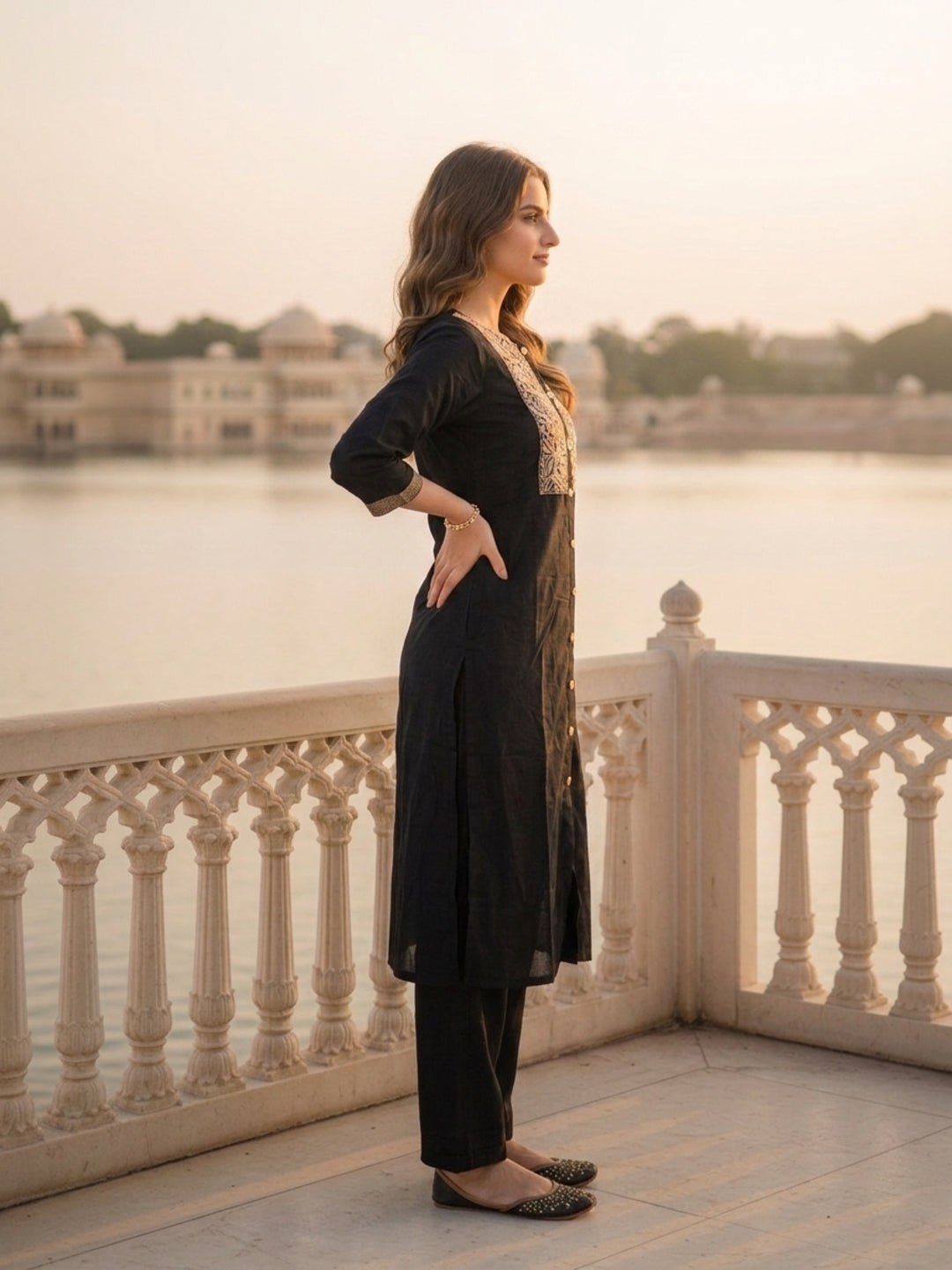 Black Pinstripe Cotton Straight Kurta Set with Embroidered Yoke, Palazzo & Dupatta