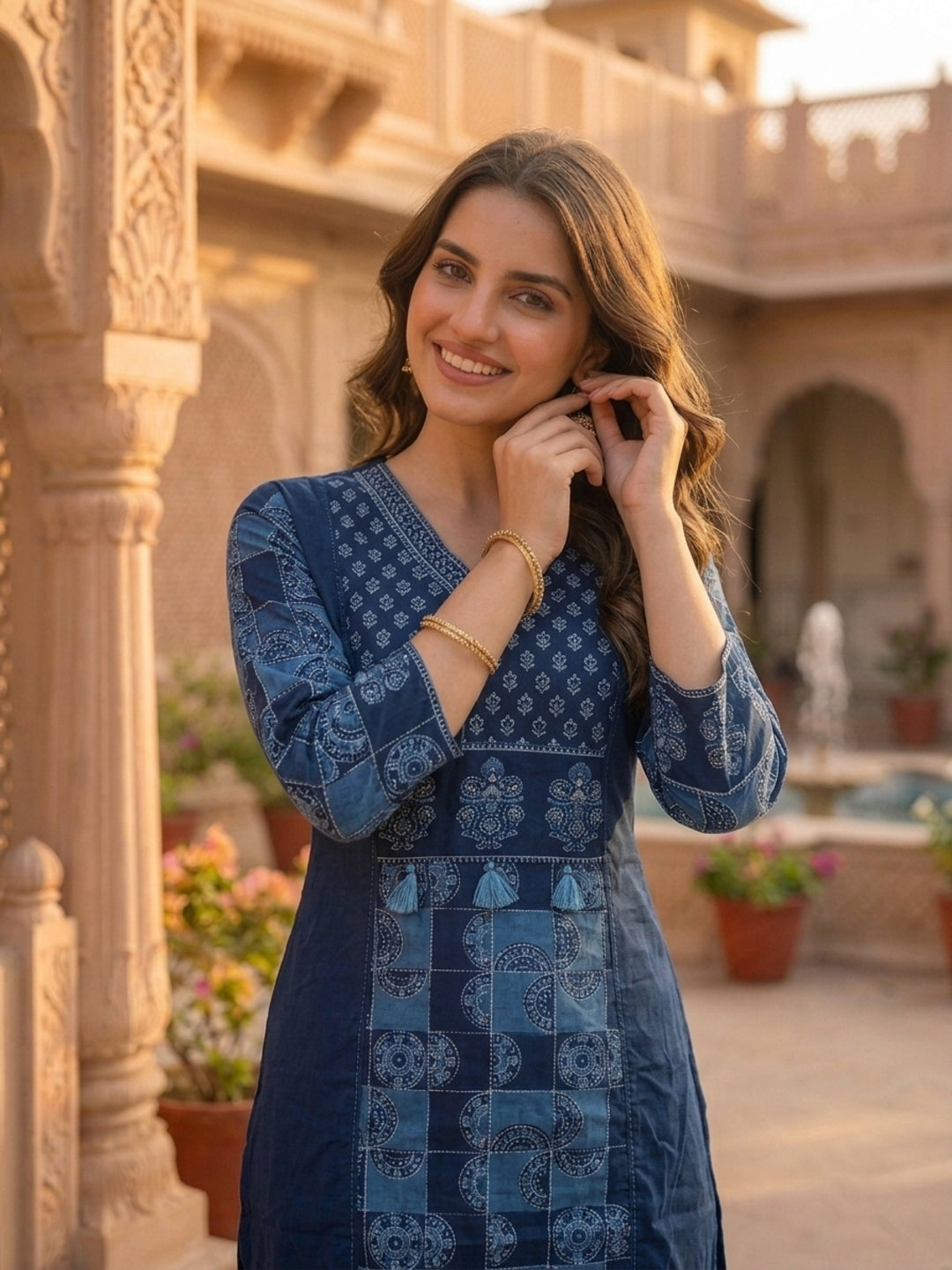 Navy Blue Solid Cotton Straight Kurta Set with Printed Panel & Sequins, Palazzo & Dupatta