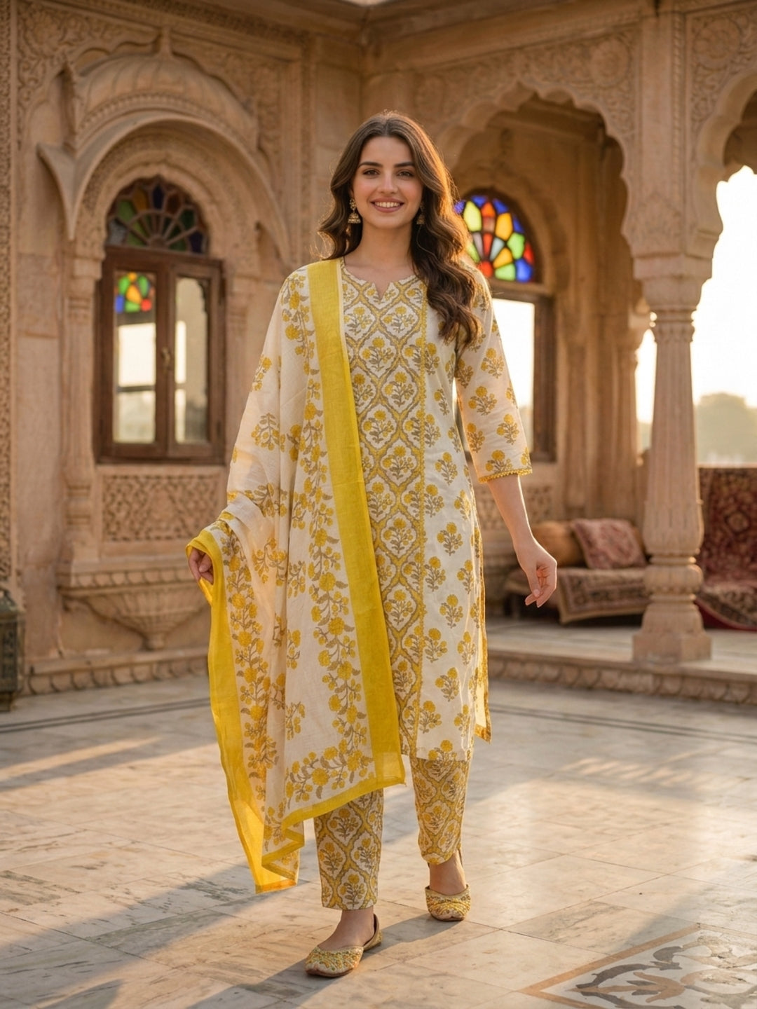 Yellow Ethnic Print Cotton Straight Kurta Set with Kantha & Palazzo & Dupatta