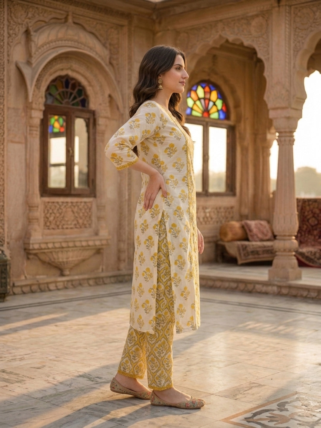 Yellow Ethnic Print Kantha Cotton 3-Piece Kurta Set