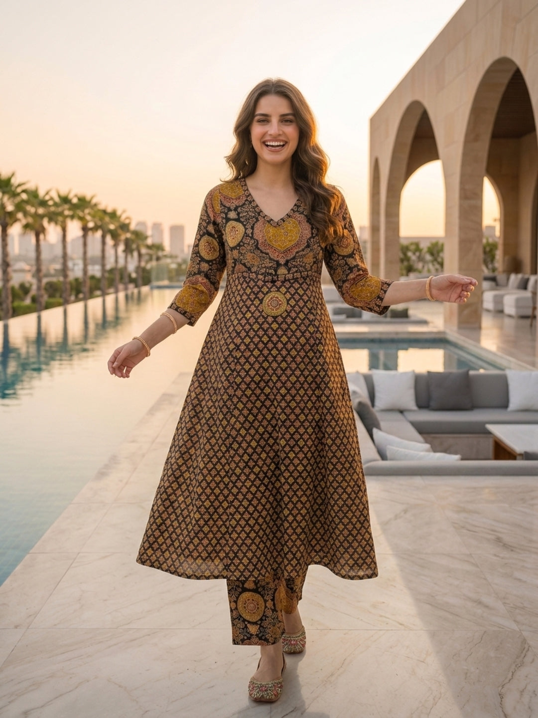 Black Ajrakh Print Cotton A-Line Kurta Set with Sequins, Palazzo & Dupatta