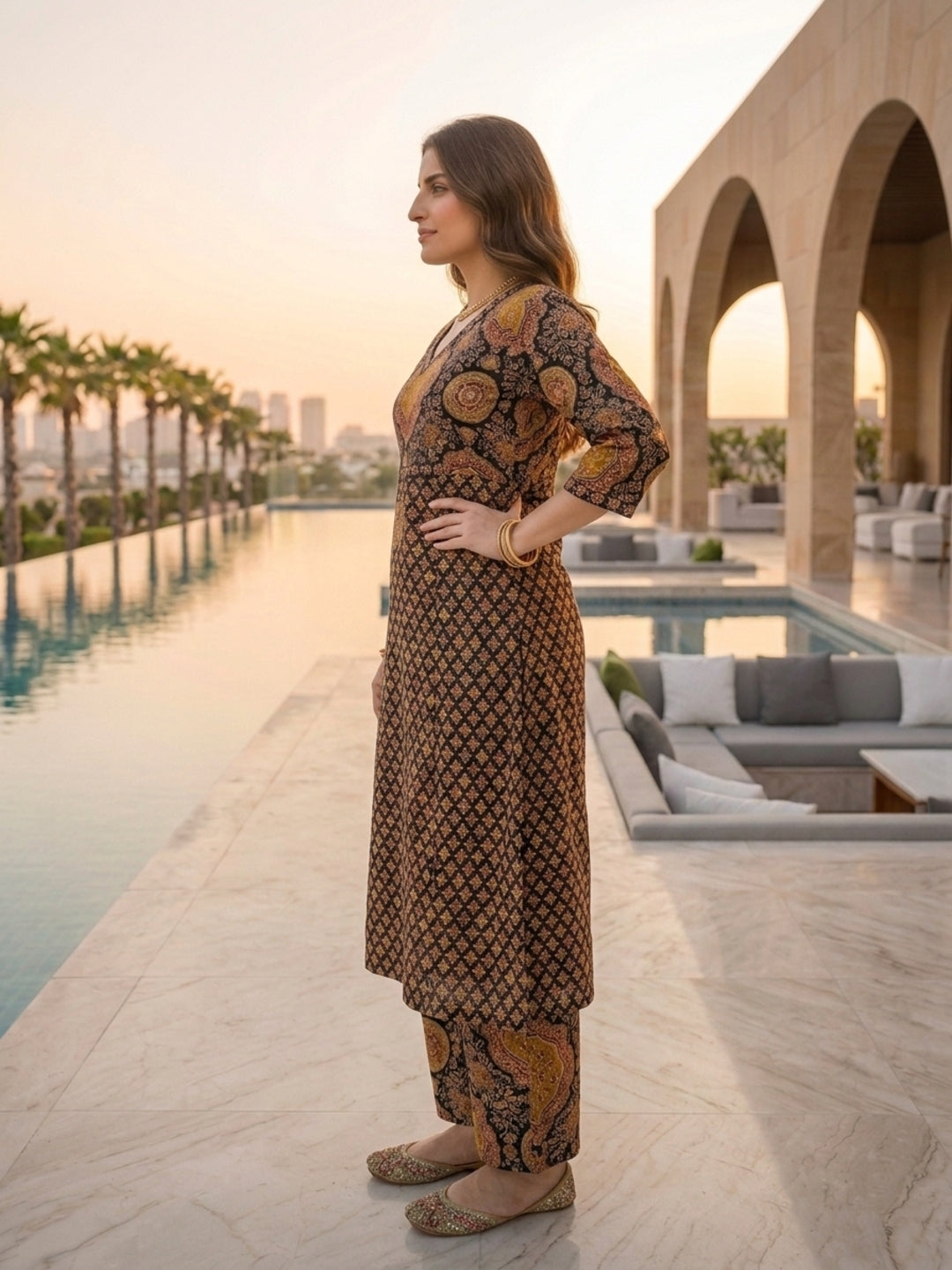 Black Ajrakh Print Cotton A-Line Kurta Set with Sequins, Palazzo & Dupatta
