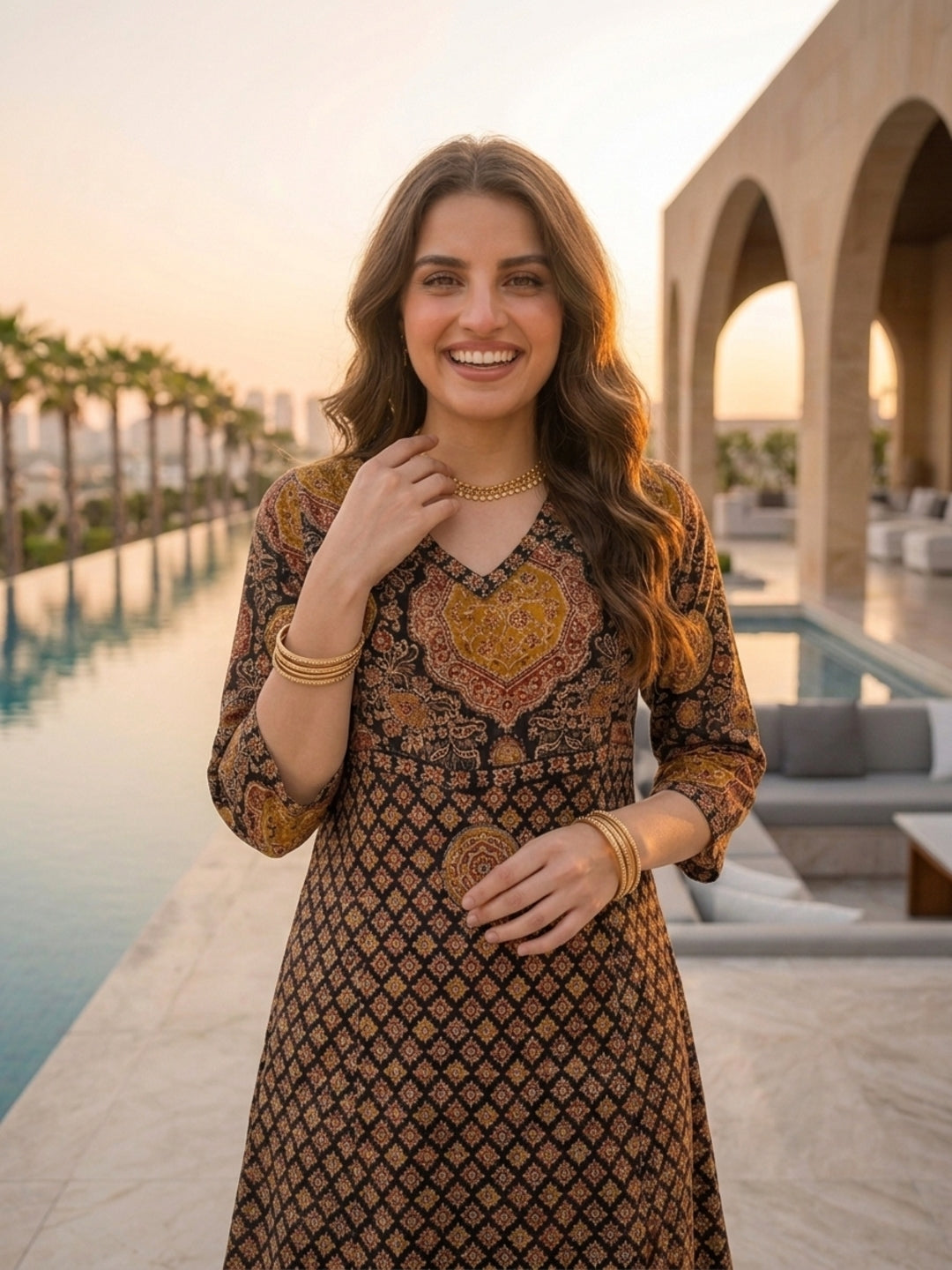 Black Ajrakh Print Cotton A-Line Kurta Set with Sequins, Palazzo & Dupatta