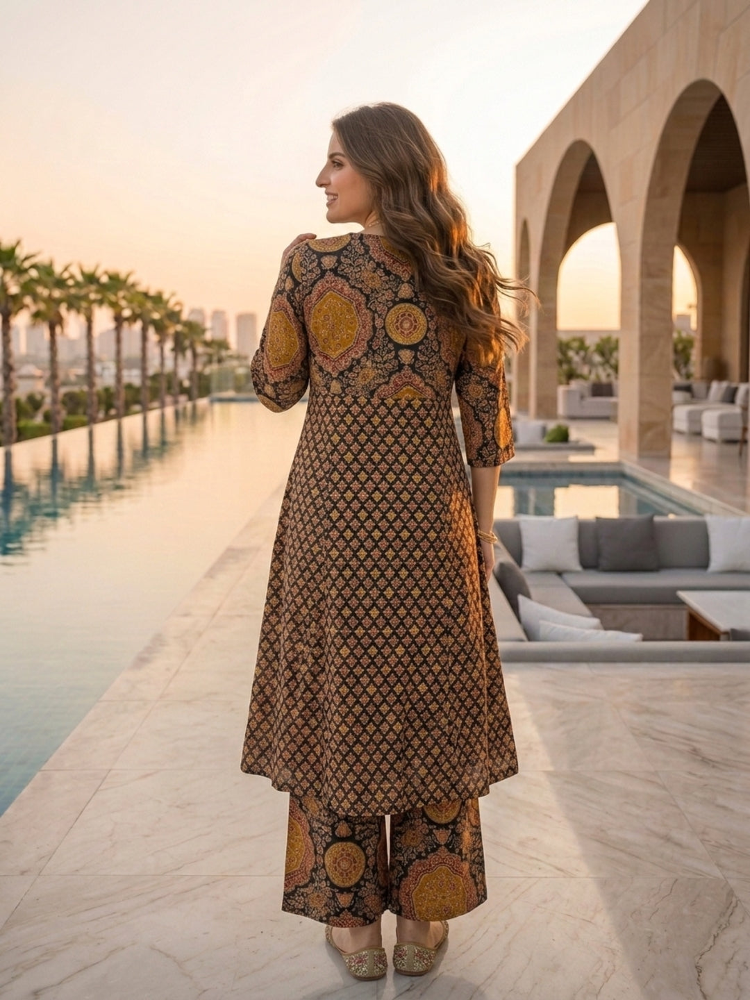 Black Ajrakh Print Cotton A-Line Kurta Set with Sequins, Palazzo & Dupatta
