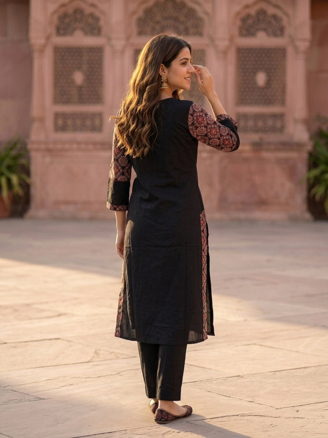 Black Solid Cotton Straight Kurta Set with Ajrakh Yoke, Mirror & Pyjama & Dupatta