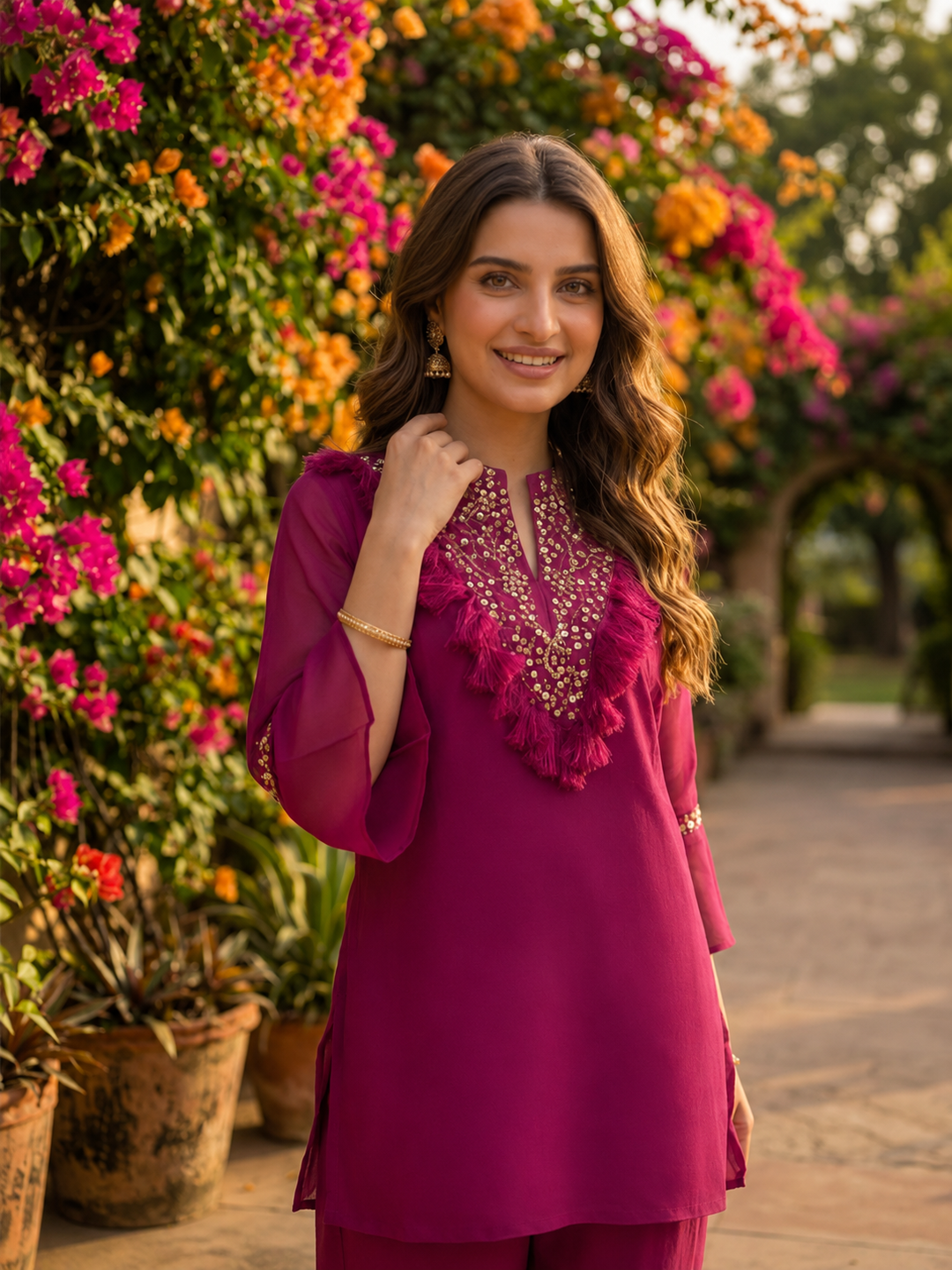 Magenta Solid Chiffon A-Line Kurta & Silk Crepe Palazzo Set with Sequin Yoke