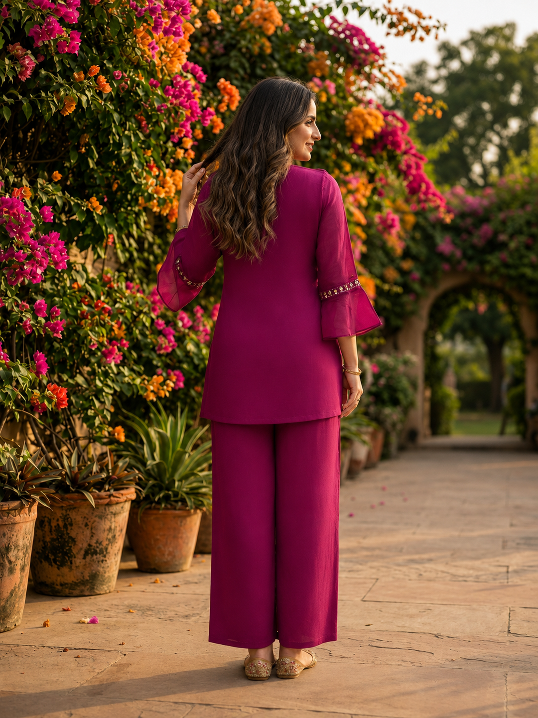 Magenta Solid Chiffon A-Line Kurta & Silk Crepe Palazzo Set with Sequin Yoke