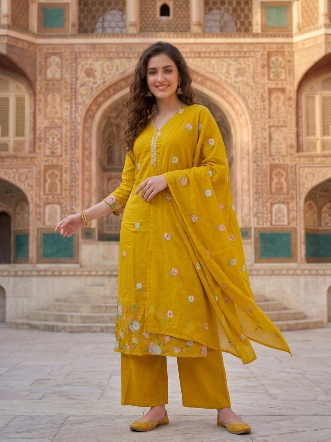Mustard Solid Voile Straight Kurta Set with Embroidery & Embroidered Dupatta, Palazzo