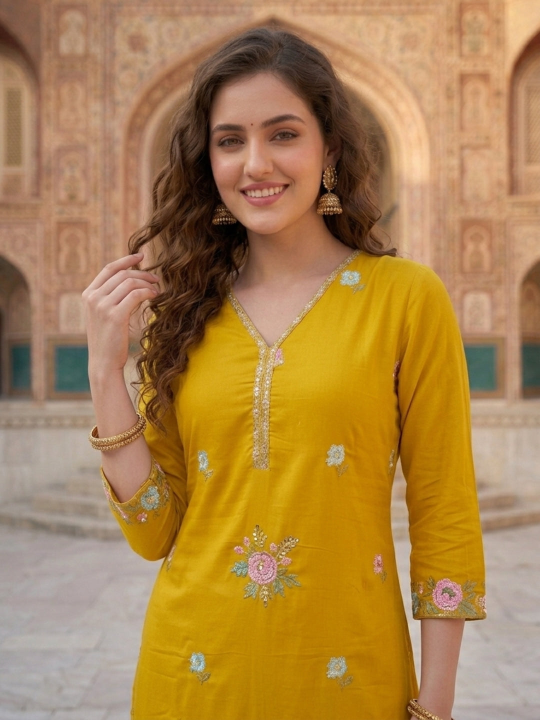 Mustard Solid Voile Straight Kurta Set with Embroidery & Embroidered Dupatta, Palazzo