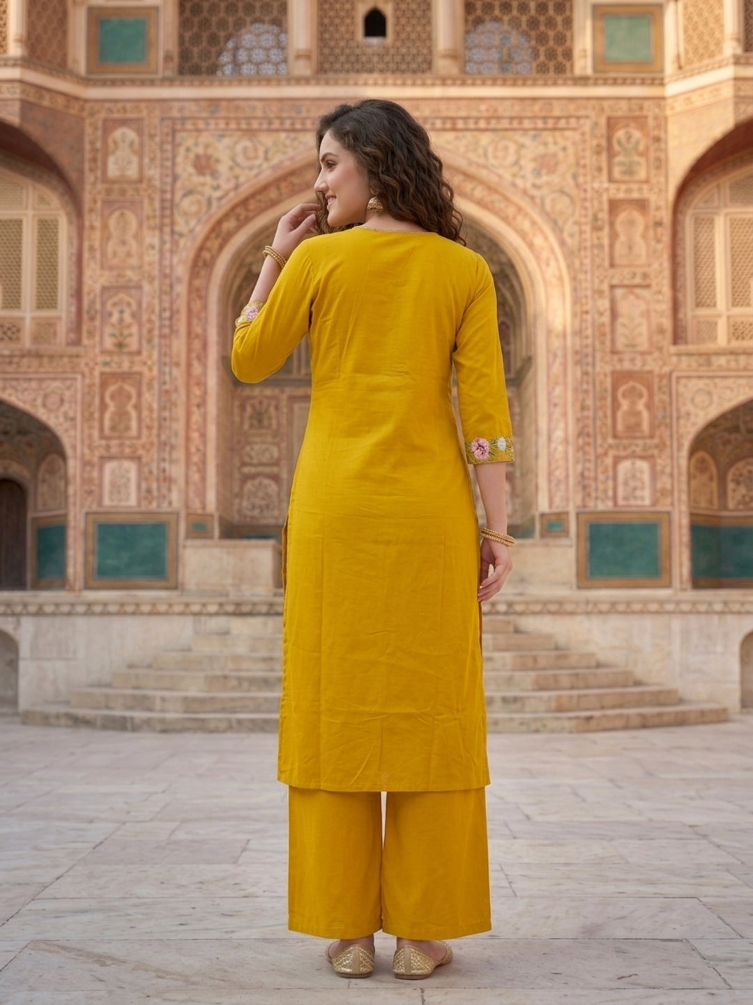 Mustard Solid Voile Straight Kurta Set with Embroidery & Embroidered Dupatta, Palazzo
