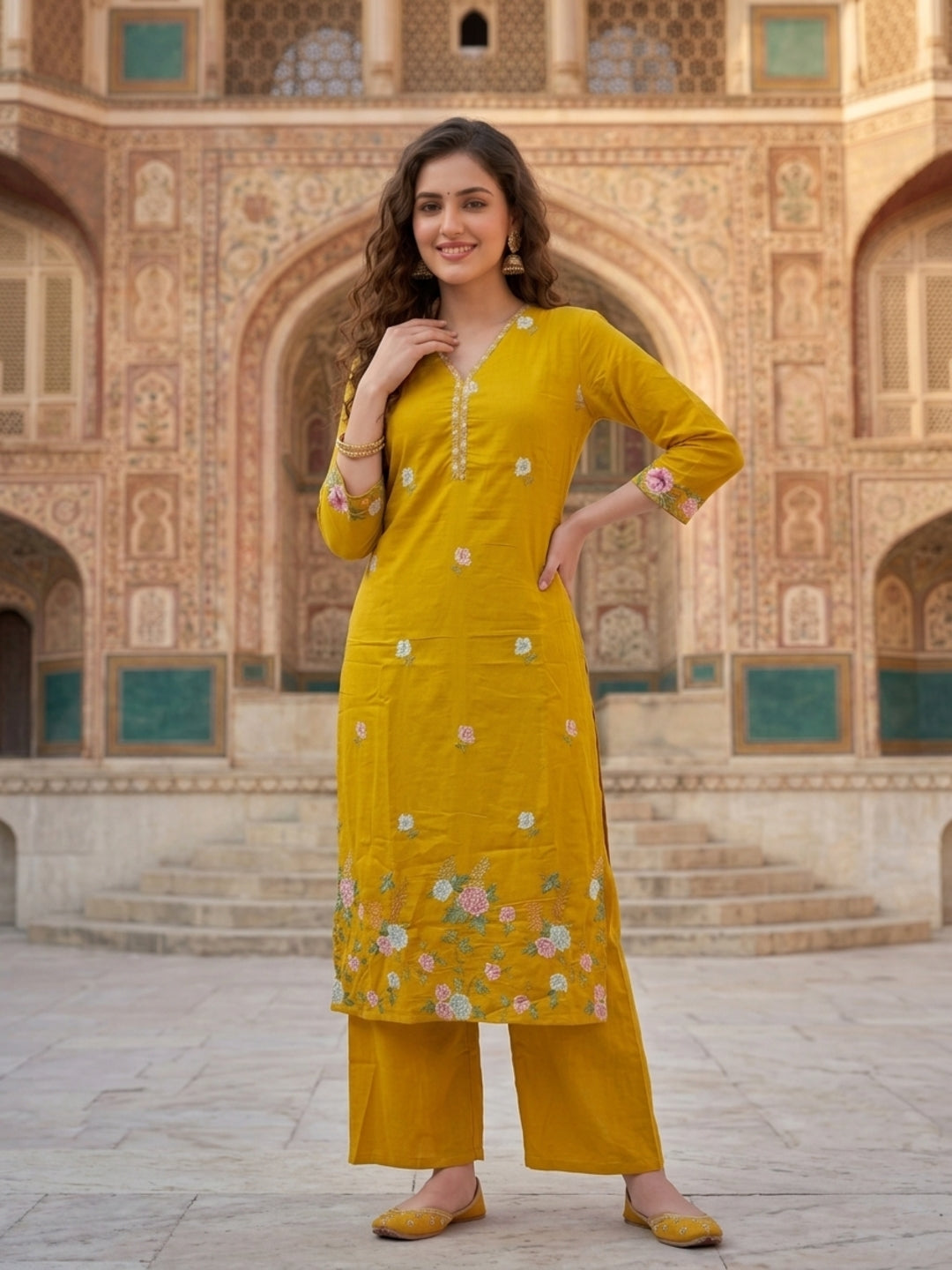 Mustard Solid Voile Straight Kurta Set with Embroidery & Embroidered Dupatta, Palazzo