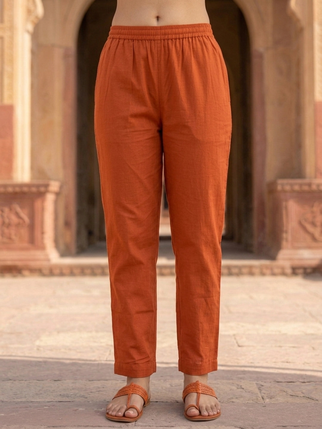 Rust Ethnic Print Cotton Straight Kurta Set with Sequins, Pyjama & Dupatta