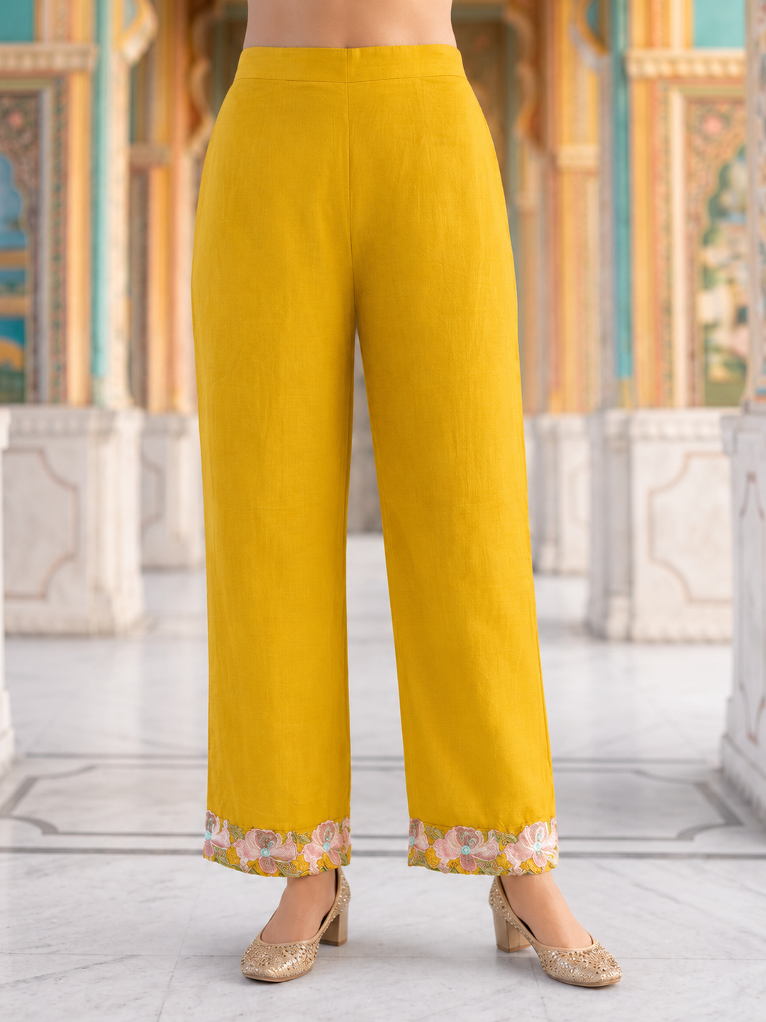 Mustard Solid Voile A-Line Kurta Set with Floral Embroidery, Palazzo & Dupatta