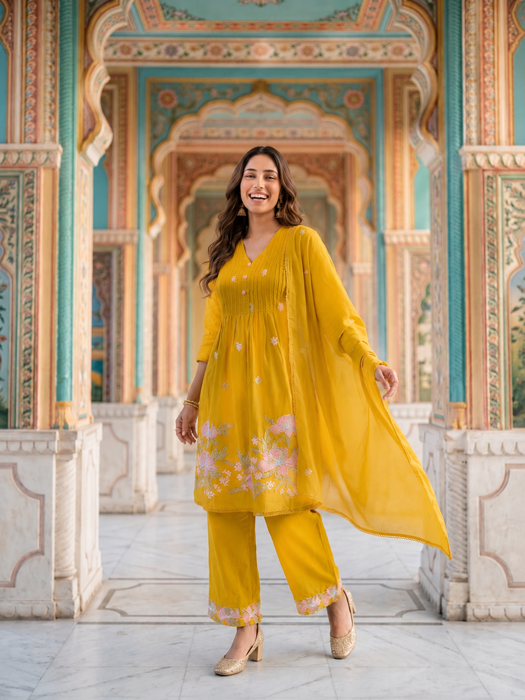 Mustard Solid Voile A-Line Kurta Set with Floral Embroidery, Palazzo & Dupatta