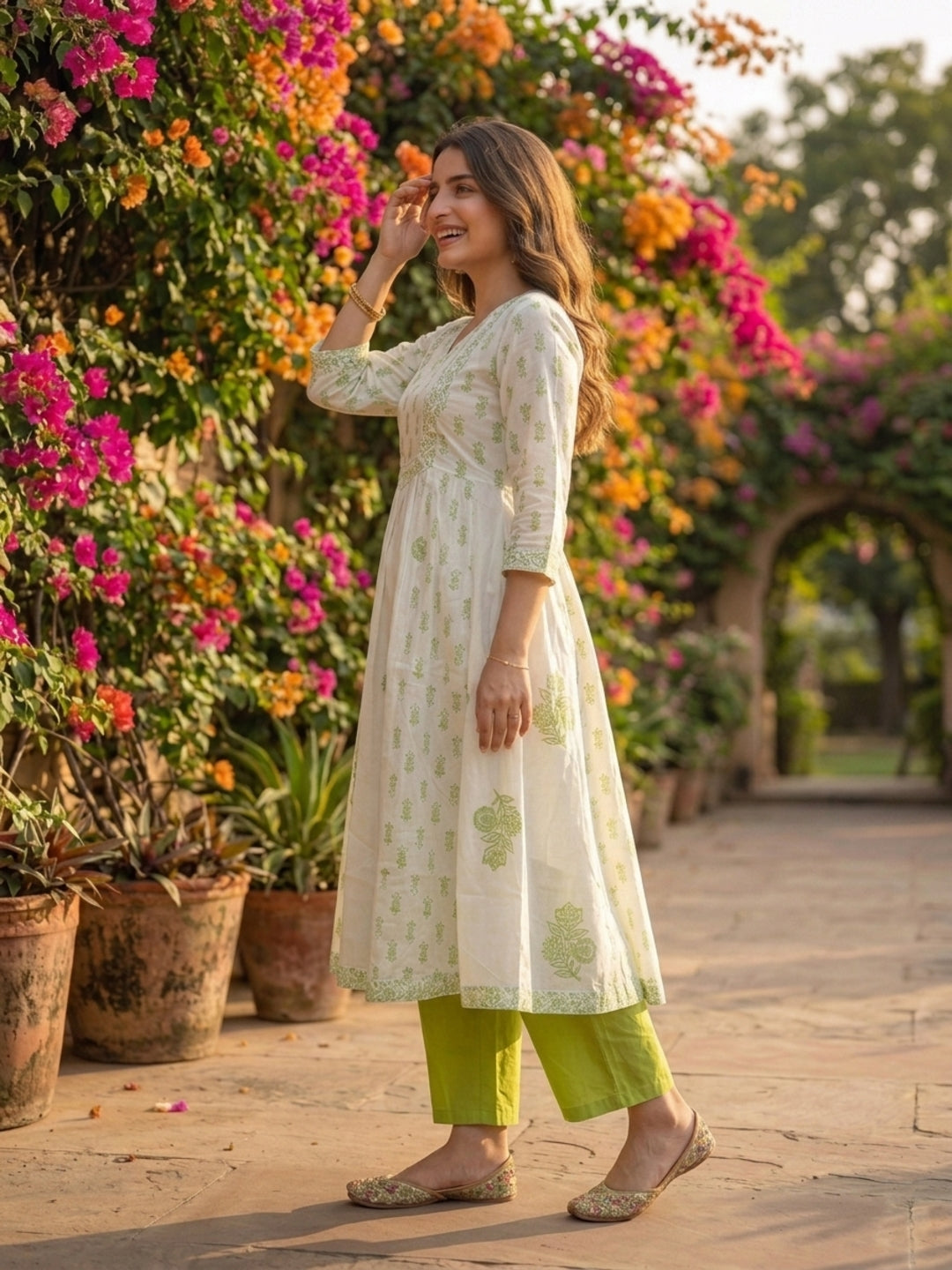 Green Ethnic Print Cotton Anarkali Kurta Set with Sequins, Palazzo & Dupatta