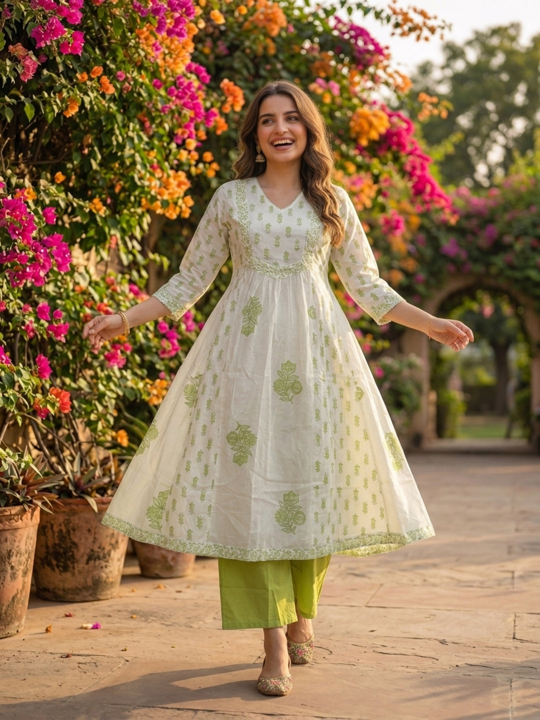 Green Ethnic Print Cotton Anarkali Kurta Set with Sequins, Palazzo & Dupatta