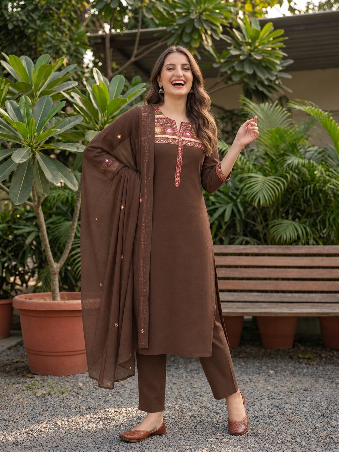 Coffee brown muslin silk kurta set, product photo 1