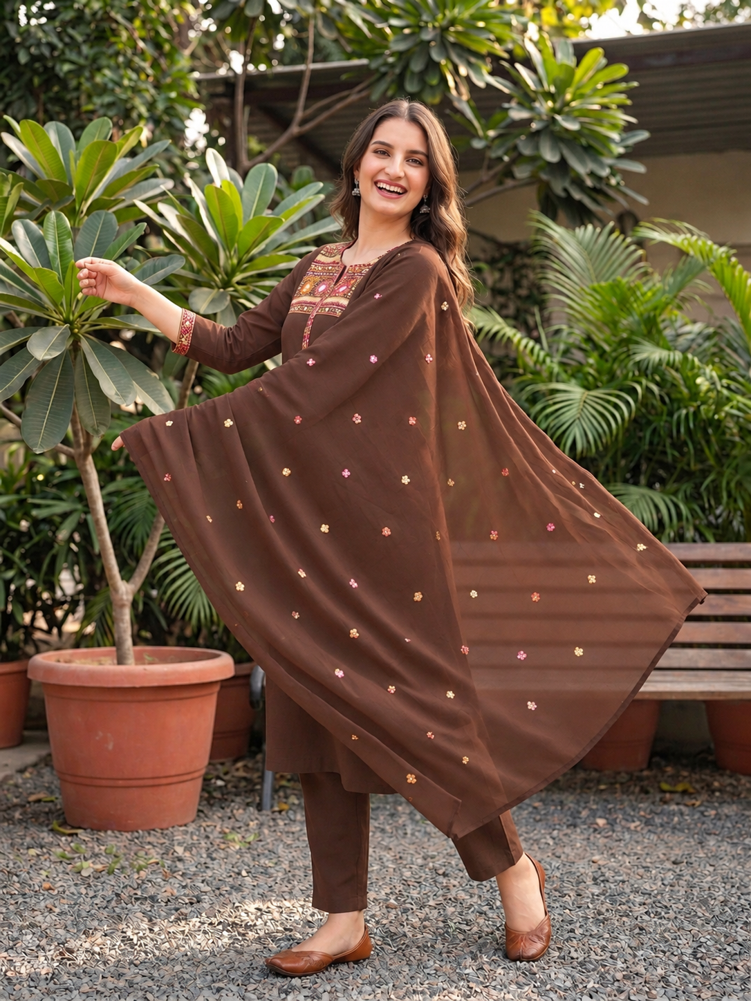 Coffee brown muslin silk kurta set, product photo 3