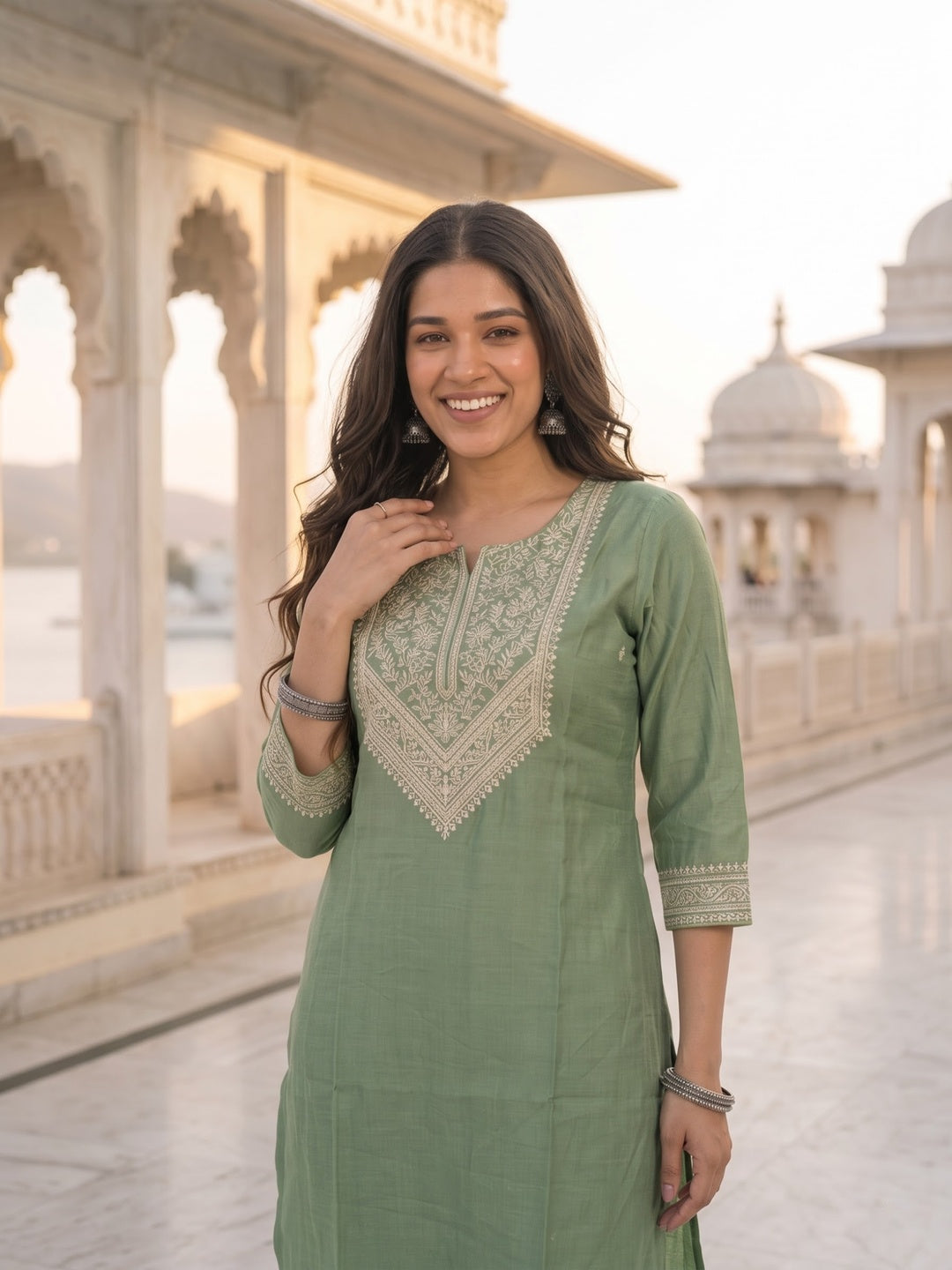Sage Green Floral Embroidered Straight Kurta