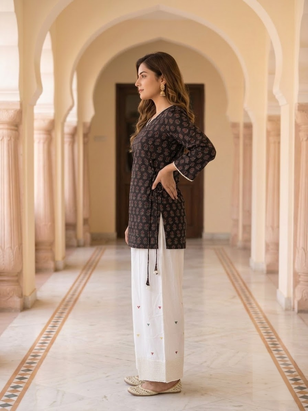 Black Ethnic Boota Print Cotton Kurta with Off White Palazzo