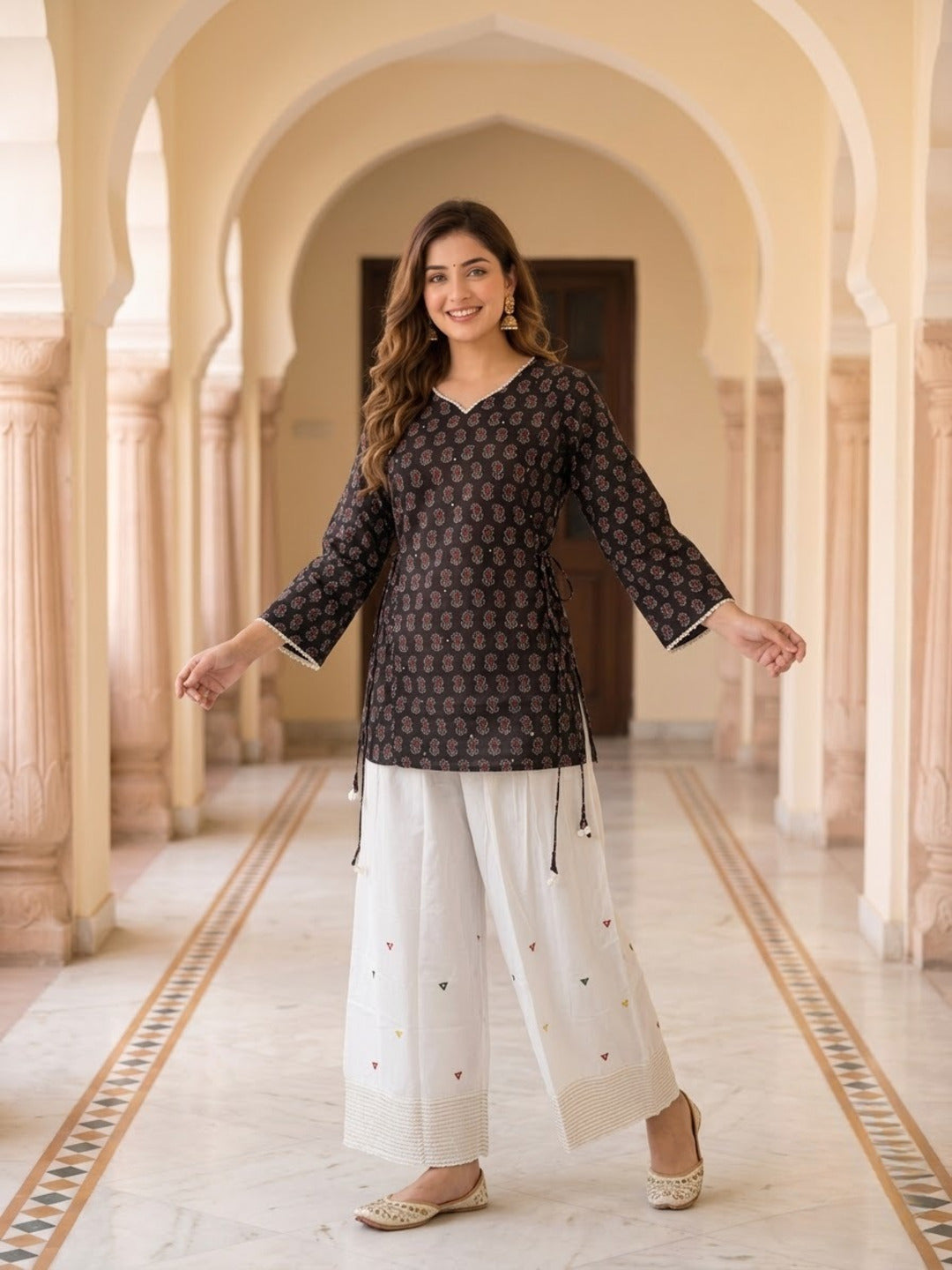 Black Ethnic Boota Print Cotton Kurta with Off White Palazzo