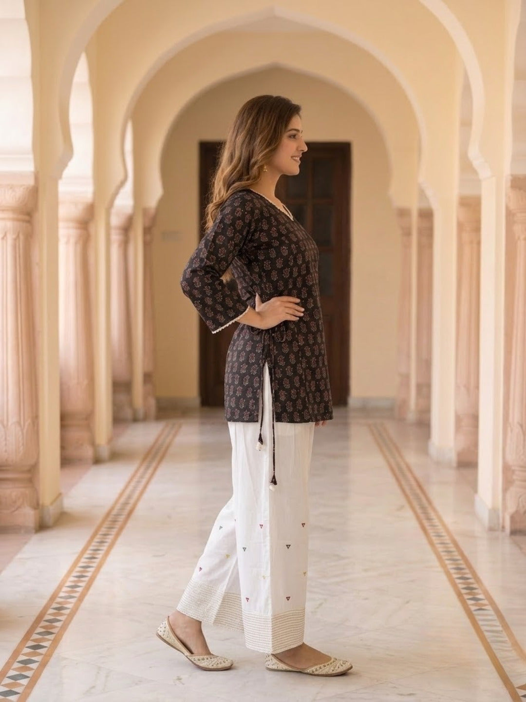 Black Ethnic Boota Print Cotton Kurta with Off White Palazzo