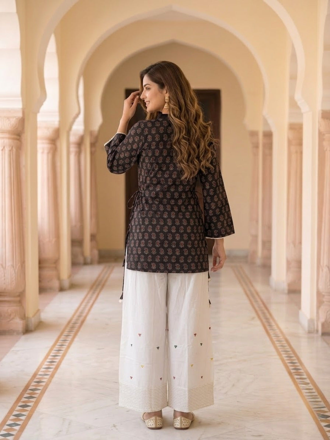 Black Ethnic Boota Print Cotton Kurta with Off White Palazzo