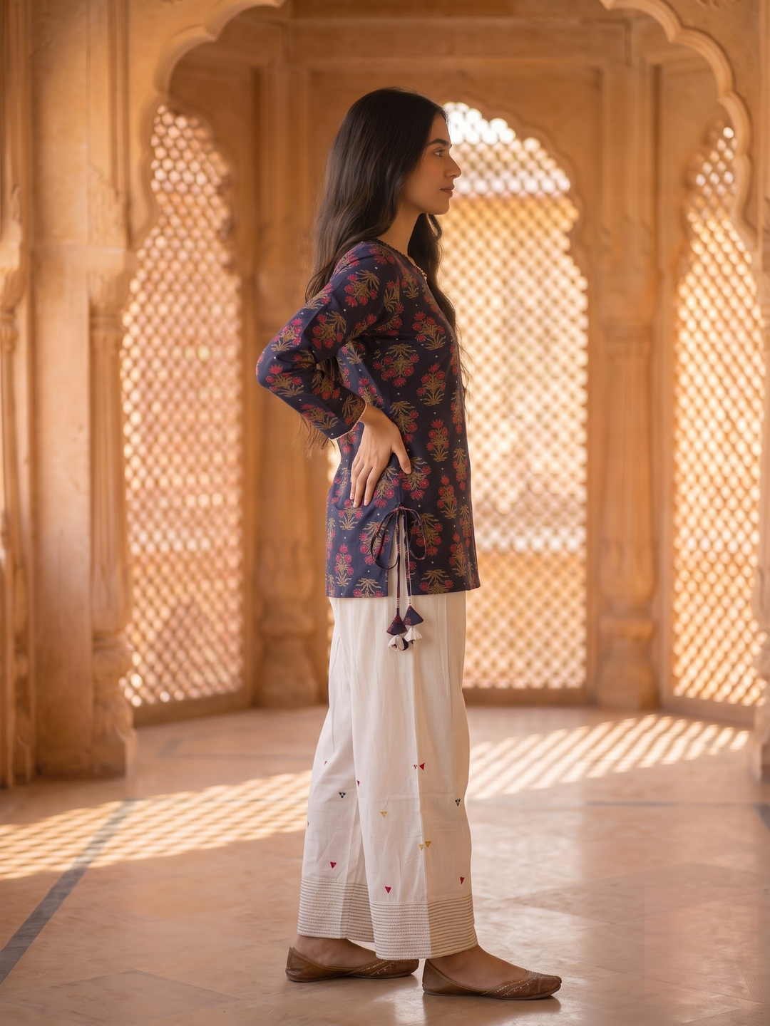 Navy Blue Ethnic Boota Print Cotton Kurta with Off White Palazzo