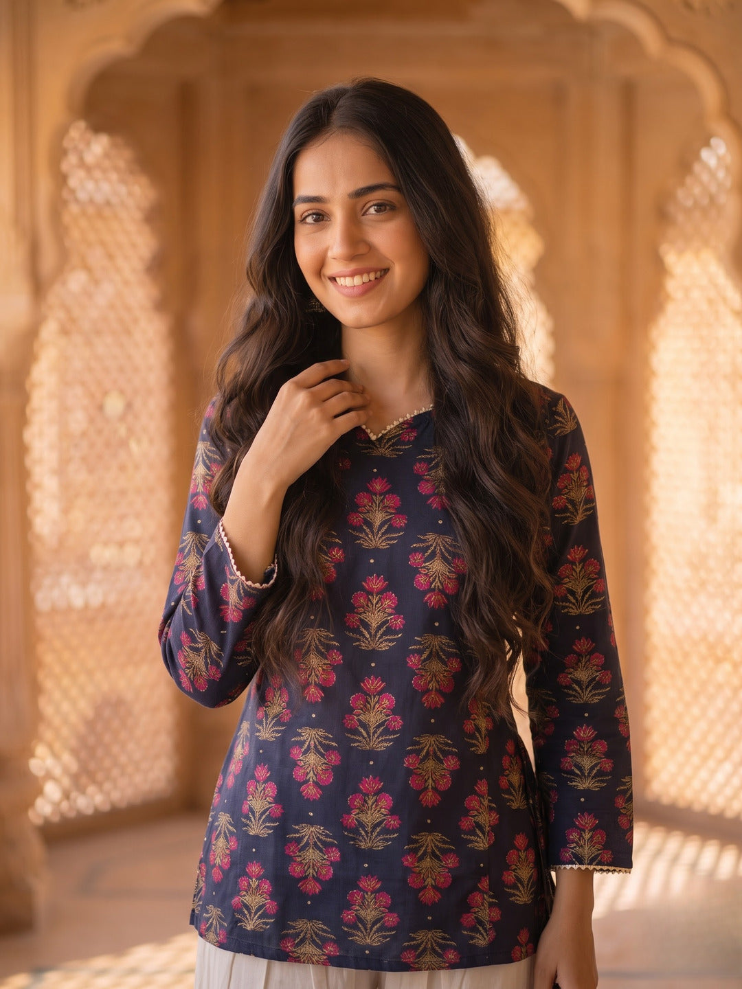 Navy Blue Ethnic Boota Print Cotton Kurta with Off White Palazzo