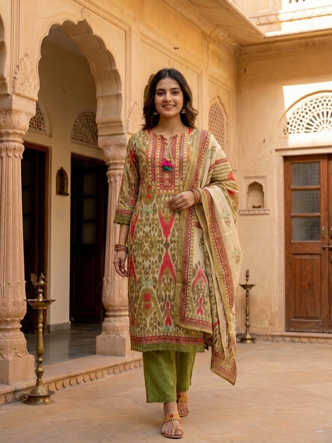 Multicolour Ikat Print Voile Kurta Set with Palazzo & Dupatta