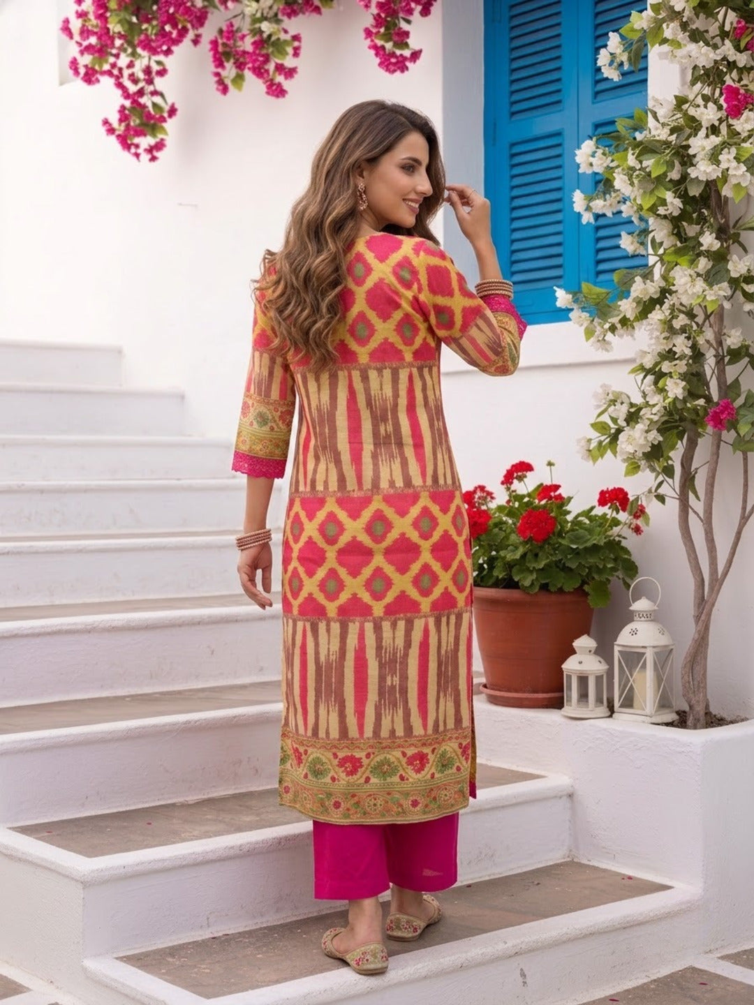 Multicolour Ikat Print Voile Kurta Set with Pink Palazzo & Dupatta